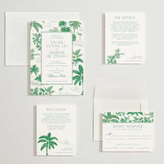 This is a jade wedding invitations with standard by Jenna Holcomb called tropical toile printing on signature in grand