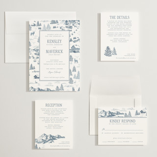This is a denim wedding invitations with standard by Jenna Holcomb called aspen toile printing on signature in grand