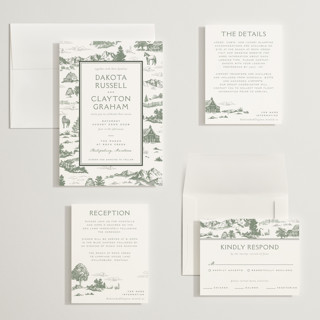 This is a evergreen wedding invitations with standard by Jenna Holcomb called mountain ranch toile printing on signature in grand