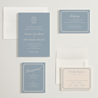 This is a french blue wedding invitations with standard by Carolyn MacLaren called bevel monogram printing on signature in grand