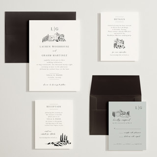 This is a noir wedding invitations with standard by Shiny Penny Studio called countryside villa printing on signature in grand