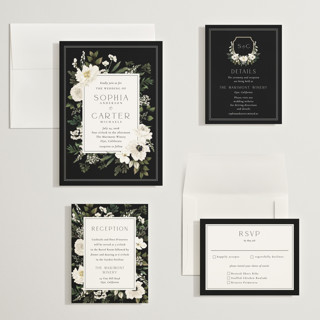 This is a black tie wedding invitations with standard by Susan Moyal called botanical love printing on signature in grand