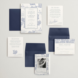 This is a periwinkle wedding invitations with standard by Jenna Holcomb called coastal toile printing on signature in grand