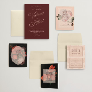 This is a burgundy wedding invitations with standard by Nazia Hyder called museum printing on signature in grand