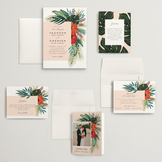 This is a coral wedding invitations with standard by Joanna Griffin called tropical oasis printing on signature in grand