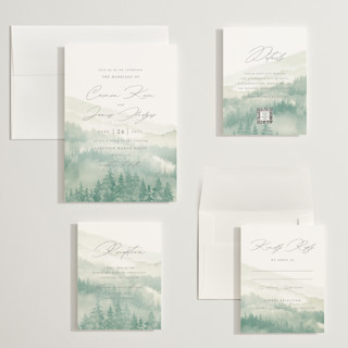 This is a misty aquamarine wedding invitations with standard by Helen Halik called over the mountains printing on signature in grand