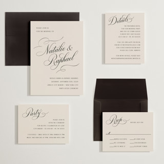 This is a black tie wedding invitations with standard by Hooray Creative called scripted names printing on signature in grand