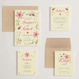 This is a blush wedding invitations with standard by Emily Miranda called romantic tropical wedding printing on signature in grand