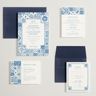 This is a navy wedding invitations with standard by Anastasia Makarova called watercolor tile printing on signature in grand
