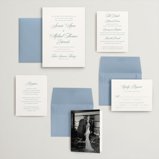 This is a dusty blue wedding invitations with standard by Jennifer Postorino called empire printing on signature in grand