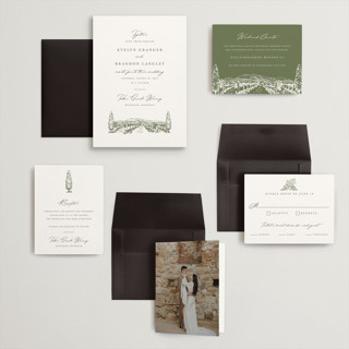 This is a olive wedding invitations with standard by Sarah Brown called vineyard printing on signature in grand