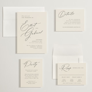This is a ecru wedding invitations with standard by Hooray Creative called scripted names printing on signature in grand