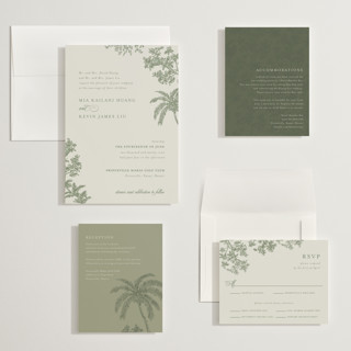 This is a jungle wedding invitations with standard by Jenna Holcomb called vintage tropics printing on signature in grand