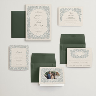 This is a dusty blue wedding invitations with standard by Jen Owens called embroidered printing on signature in grand