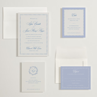 This is a blue mist wedding invitations with standard by Design Lotus called amalfi blue printing on signature in grand