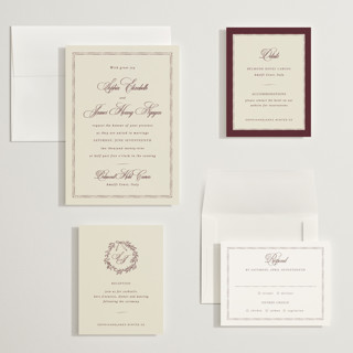This is a maroon wedding invitations with standard by Design Lotus called amalfi blue printing on signature in grand