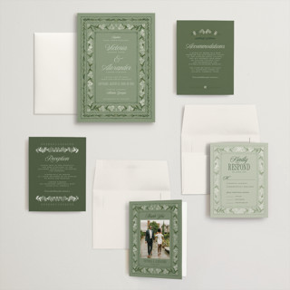 This is a sage wedding invitations with standard by Jenna Holcomb called vintage sketched printing on signature in grand