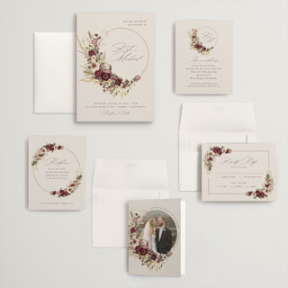 This is a cabernet wedding invitations with standard by Erin Deegan called dried floral wreath printing on signature in grand