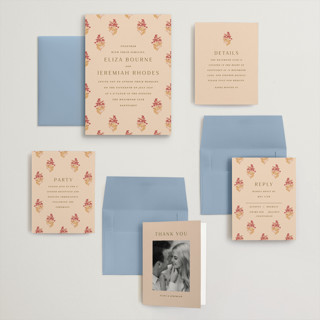 This is a sunset wedding invitations with standard by Olivia Kanaley Inman called blockprint printing on signature in grand