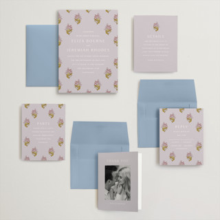 This is a violet wedding invitations with standard by Olivia Kanaley Inman called blockprint printing on signature in grand