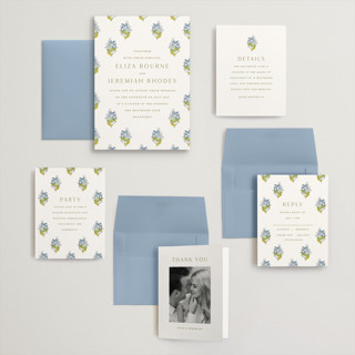 This is a bluebell wedding invitations with standard by Olivia Kanaley Inman called blockprint printing on signature in grand