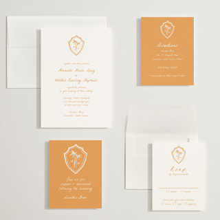 This is a mango wedding invitations with standard by Erika Firm called palm tree crest printing on signature in grand