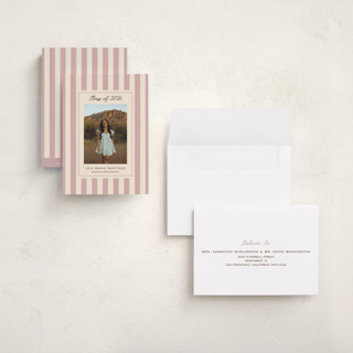 This is a blush graduation announcements with standard by Ani Somi called grad stripes printing on signature in petite