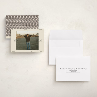 This is a sand graduation announcements with standard by Rachel Cassel called perfectly scripted printing on signature in petite