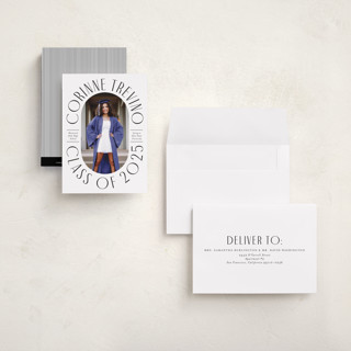This is a classic white graduation announcements with standard by Cindy Reynolds called well rounded printing on signature in petite