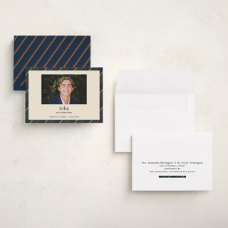 This is a navy graduation announcements with standard by Sarah Rosenthal called belmont printing on signature in petite