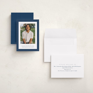 This is a jeans graduation announcements with standard by Lea Delaveris called linen frame printing on recycled smooth signature in petite