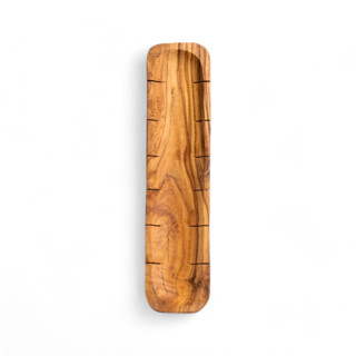 This is a beige tableware by Powered By People called olive wood bread slicing board in standard