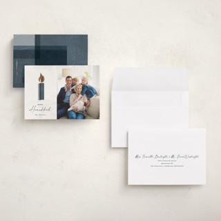 This is a champagne hanukkah cards with standard by Kate Ahn called candlelight printing on recycled smooth signature in petite