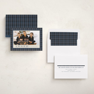 This is a navy hanukkah cards with standard by Jenna Holcomb called cozy in plaid printing on recycled smooth signature in standard