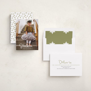 This is a snow hanukkah cards with standard by Akweley Creative called simply shalom printing on recycled smooth signature in standard