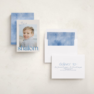 This is a sky hanukkah cards with standard by Vera Lim called watercolor shalom printing on recycled smooth signature in standard