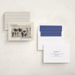 This is a cobalt hanukkah cards with standard by Ellen Schlegelmilch called hanukkah duo printing on recycled smooth signature in standard