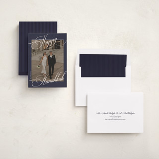 This is a navy hanukkah cards with standard by Beth Vassalo called flowing light printing on recycled smooth signature in standard
