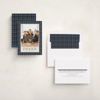This is a navy hanukkah cards with standard by Jenna Holcomb called cozy in plaid printing on recycled smooth signature in standard