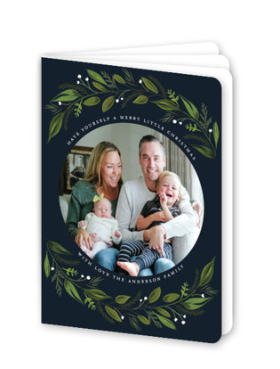 This is a navy holiday booklette cards with standard by Susan Moyal called greenery branch printing on signature80 in booklette
