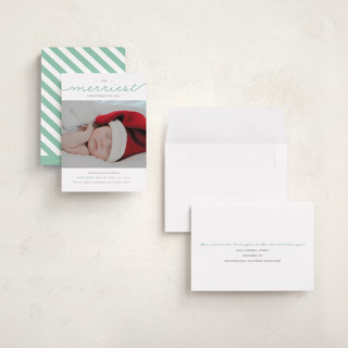 This is a deep mint babys first christmas with standard by Sara Hicks Malone called the merriest christmas of all printing on recycled smooth signature in petite