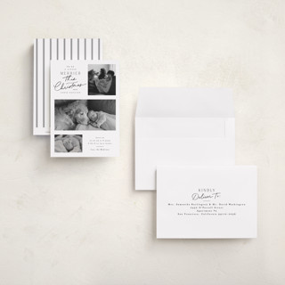 This is a snow babys first christmas with standard by Everett Paper Goods called merrier this year printing on recycled smooth signature in petite