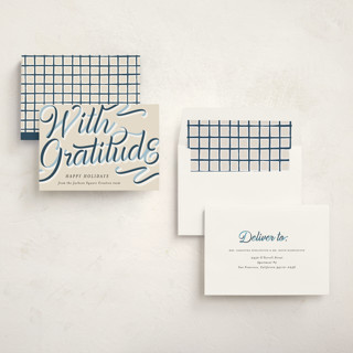 This is a navy business holiday cards with standard by AK Graphics called ribbon greeting printing on signature in standard