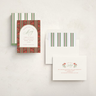 This is a cranberry business holiday cards with standard by Susan Zinader called poinsettia stripe wallpaper printing on signature in standard