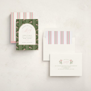 This is a winter rose business holiday cards with standard by Susan Zinader called poinsettia stripe wallpaper printing on signature in standard