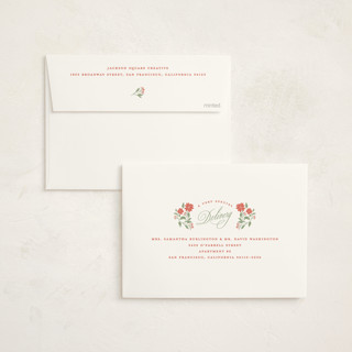 This is a cranberry business holiday cards with standard by Susan Zinader called poinsettia stripe wallpaper printing on signature in standard