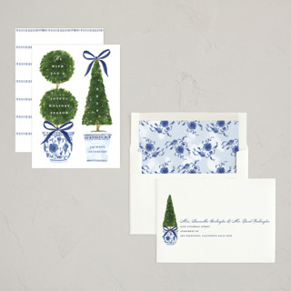 This is a harbor business holiday cards with standard by Susan Zinader called festive topiaries printing on signature in standard
