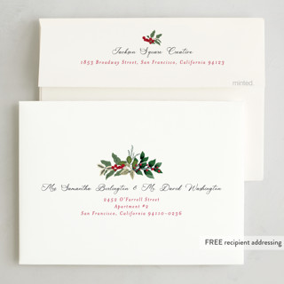 This is a holly berry business holiday cards with standard by Susan Moyal called greenery framed printing on signature in standard