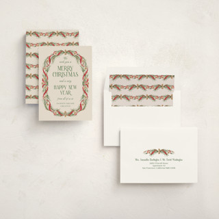 This is a cranberry business holiday cards with standard by Paper Sun Studio called pine border printing on signature in standard