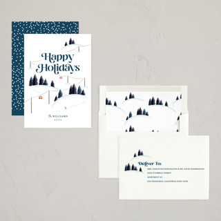 This is a navy business holiday cards with standard by Robert and Stella called happy hills printing on signature in standard